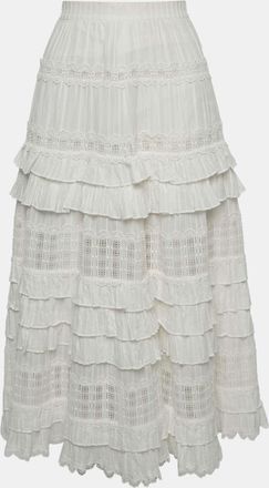 Zimmermann White Cotton Lace Ruffled Midi Skirt