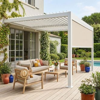 Sweeek P&eacute;rgola bioclim&aacute;tica de aluminio adosada 3x4m + 1 toldo 4m, blanco