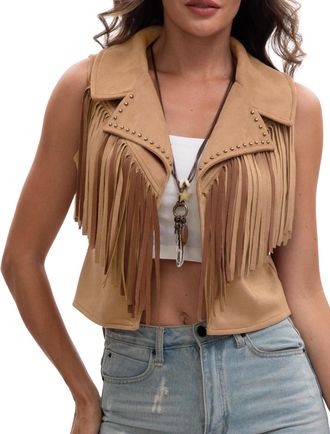 Feoya Womens Tassel Vest 70s Hippie Faux Suede Rivets Fringe Jacket Sleeveless Vintage Cowgirl Cardigan Open Front Boho Waistcoat Khaki XS