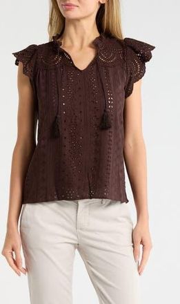T Tahari Embroidered Eyelet Cap Sleeve Top in Ganache at Nordstrom Rack, Size X-Large