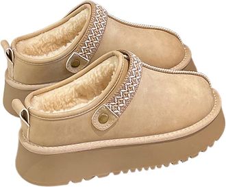 Generic Womens Fashion Suede Platform Slippers Winter Warm Cozy Fuzzy Plush Fur Lined House Shoes Casual Comfortable Slip-On Non-Slip Mini Ankle Boots Outdoor