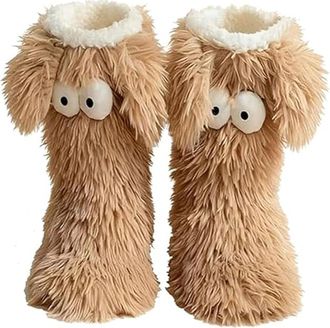 Generic Friends Cozy Socks Womens Winter Warm Fuzzy Slipper Socks, Cute Big Eyes Thick Fleece Floor Socks with Non-Slip Grips for Indoor Home Wear (Khaki)