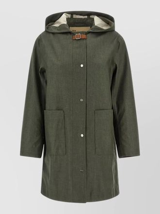 Herno hooded linen raincoat long buckle detail