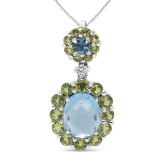 House of Brilliance 18k White Gold 0.05 Cttw Round Diamond and Blue Topaz and Green Peridot Gemstone Halo Drop 18 Pendant Necklace (F-G Color, VS1-VS2 Clarity)