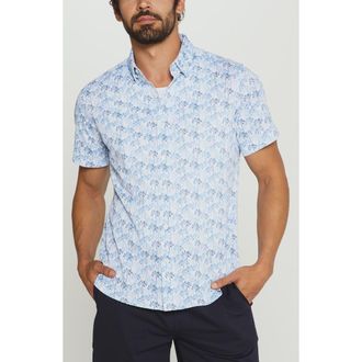 7 Diamonds Palmline Tree Print Short Sleeve Stretch Button-Up Shirt in Light Blue at Nordstrom, Size Xx-Large