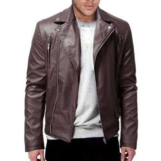 Generic Leather Jackets for Men Motorcycle Bomber Jacket Lapel Asymmetric Zip-Up Biker Coat Casual Slim Fit Windproof Warm Coats Vintage Windbreaker Faux Leat