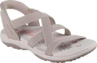 Skechers Sandale SKECHERS REGGAE SLIM-STRETCH FLEX, Damen, Gr. 36, grau (taupe), Lederimitat, Textil, Fischgratmuster, Schuhe Sandale, Flats, Trekking Sandale 