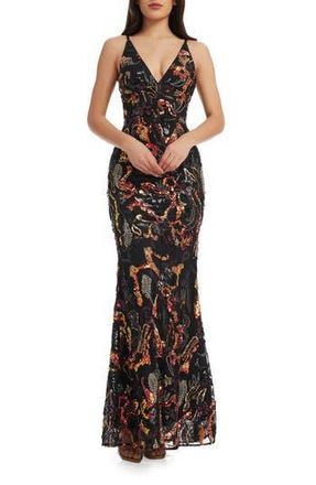 Dress The Population Sharon Embellished Sleeveless Gown in Black Multi at Nordstrom Rack, Size X-Small