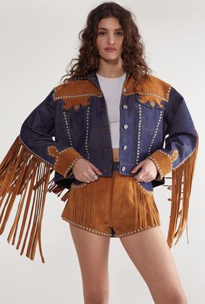 NASTY GAL Womens Denim Suede Mix Jacket - Multicolour Leather - Size 12 UK