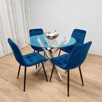 Kosy Koala Dining Table Set Round Glass Table With 4 Blue Velvet Chairs