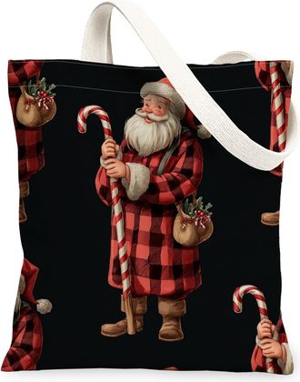 Generic Santa Plaid Canvas Tote Bag, Festive Holiday Pattern Reusable Shopping Bags, Classic Rustic Lightweight Washable Canvas Bags for Travel Grocery Beach 