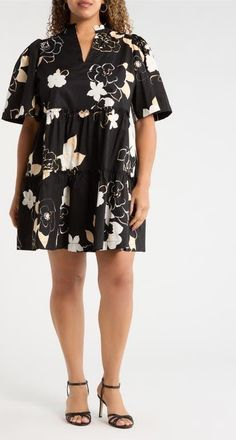 Sugarlips Cairan Floral Dixie Tiered Cotton Dress in Black-Taupe at Nordstrom, Size 2 X