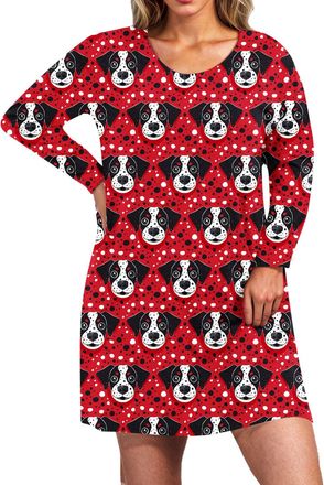 Generic Nighties for Women Casual Loose Sexy Nightdresses for Women Round Neck Womens Nightshirts Cute Dog Print Sexy Nightwear Long Sleeve Nightgown Plus Siz