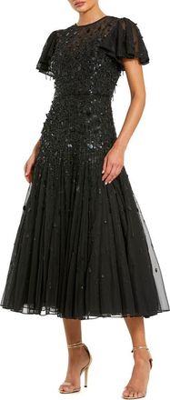 Mac Duggal Flutter Sleeve Sheer Top Beaded Dress in Black at Nordstrom, Size 16