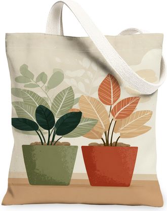 Generic Botanical Canvas Tote Bags, Stylish Plant Design Reusable Grocery Bags, Eco-Friendly Lightweight Washable Shoulder Strap Ca, Green, 13x15 Inch