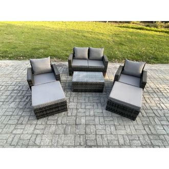 Fimous Fimous Outdoor Rattan Garden Furniture Set 6 Seater Patio Lounge Sofa Set with Coffee Table 2 Big Footstool Dark Grey Mixed