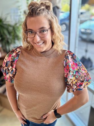 THML Clothing Floral Fusion Knit Top In Brown