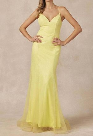 Juliet Glitter Mesh Fitted Evening Prom Gown In Yellow