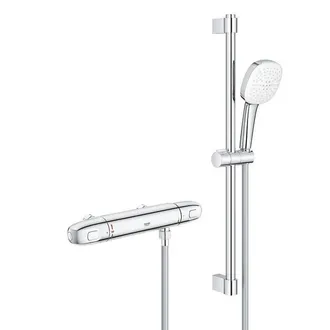 GROHE Grohtherm 1000 Doucheset - thermostatische douchekraan - HOH=12cm - met glijstangset - 60cm - vierkante handdouche - 2 straalsoorten - gladde douchesl