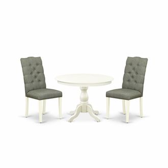 East West Furniture HBEL3-LWH-07 3 Piece Dining Room Set - Linen White Wood Dining Table and 2 Smoke Linen Fabric Mid Century Modern Chairs Button Tufted Back with Nail H