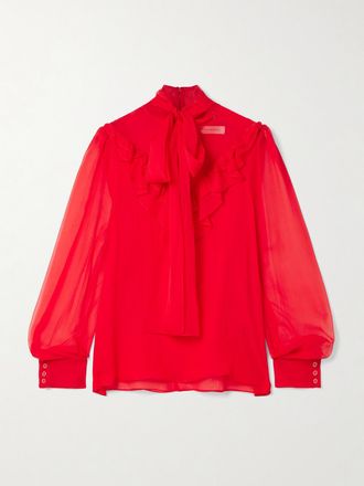 Carolina Herrera Blusa In Chiffon Di Seta Con Ruches E Collo Lavallière - Rosso
