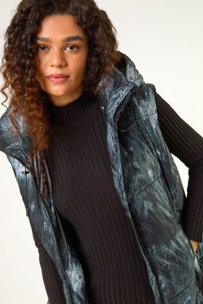 Roman Print Longline Hooded Gilet