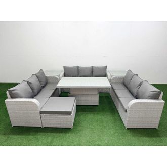 Fimous Pe Rattan Lounge Sofa Set 10 Seater Outdoor Garden Furniture Set with Adjustable Lifting Dining or Coffee Table 3 Seater Sofa Big Footstool 2 Side