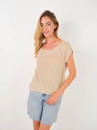 Stitchdrop Karlie Stitch Cotton Short Sleeve Sweater Top In Taupe