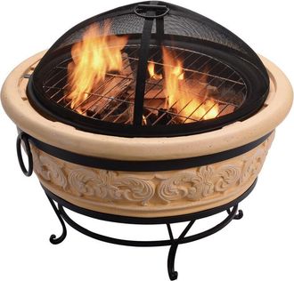 Teamson Home Giardino Braciere Grande a Legna, Camino e Stufa a Legna, Mobili da Esterno, Bruciatore a Legna in Metallo con Attizzatoio e Coperchio, Naturale