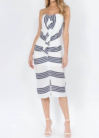Fanco Striped Tube Midi Slit Dress With Ruffle Front Detail In Navy
