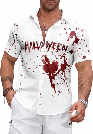 Generic Halloween Mens V-Neck Button Shirt -Pumpkin Autumn/Winter Casual Short Sleeved T-Shirt (UK, Alpha, 3XL, Regular, Regular, 15)