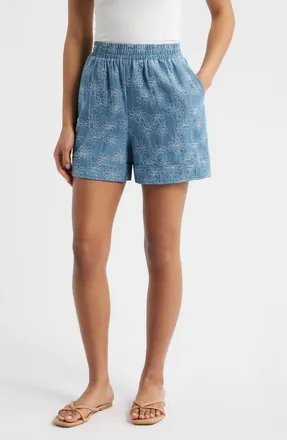 Ichi Floral Print Denim Shorts in Denim/cloud Dancer at Nordstrom, Size 10 Us
