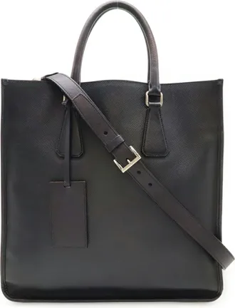 Prada Navy Leather Shoulder Bag Tote Bag (Pre-Owned)