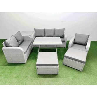 Fimous Rattan High Back Lounge Sofa Set Patio Dining Table & Chairs Set with 3 Seater Sofa Reclining Chair Side Table 2 Big Stool Light Grey - Fimous