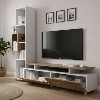 Dmora Estanter&iacute;a De Pared Biskek, Mueble De Sala Con 8 Estantes, 2 Puertas, Set Modular, Blanco