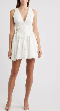 House of CB Rosalina Broderie Anglaise Lace-Up Minidress in White at Nordstrom, Size X-Small