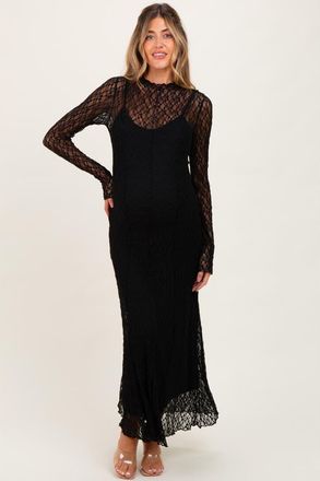 Pinkblush Lace Mock Neck Long Sleeve Maxi Dress in Black at Nordstrom, Size Medium