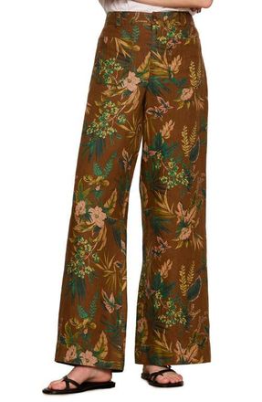 Sanctuary Floral Print Wide Leg Linen Pants in Vintage Ivy Brown at Nordstrom, Size 26