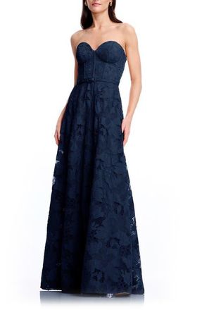 Dress The Population Pierson Floral Lace Belted Strapless Gown in Navy at Nordstrom, Size Xx-Large