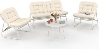 IDMarket Set Di Mobili Da Giardino Basso Arona A 4 Posti In Metallo Bianco E Cuscini Beige Con Divano, Poltrone E Tavolo