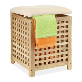 Relaxdays Pouf Portabiancheria, Sgabello Contenitore In Legno Di Noce, Bagno, Hlp: 50x39x39 Cm, 45 L, Marrone Naturale - Relaxdays