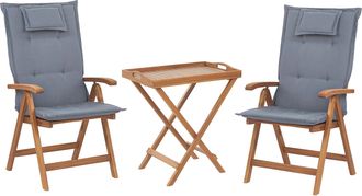 Beliani Conjunto De Comedor De Balc&oacute;n En Madera De Acacia Oscura Con Sillas Ajustables Plegables Cojines Azules Java