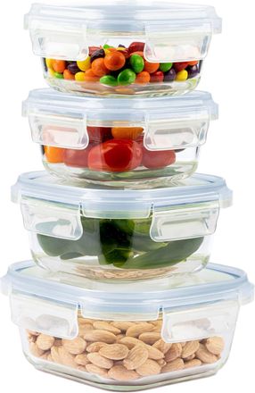 OEM Juego De 4 Recipientes De Vidrio Que Ahorran Espacio Con Tapas Azules, Aptos Para Microondas Y Congelador, Para Almacenar Alimentos