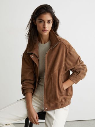 Reiss Tan Kiara Petite Funnel-neck Bomber Jacket, 14