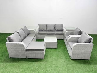 Fimous PE Rattan High Back Lounge Sofa Set Patio Square Coffee Table & Chairs Set w/ 3 Seater Sofa Reclining Chair Big Footstool 2 Side Table Light