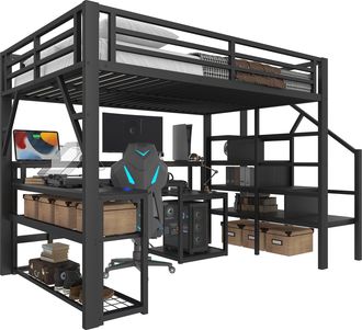 STILVORA Cama Alta 140 X 200 Cm Con Escalera De Almacenamiento, Escritorio, Led Regulable Y Usb, Sin Colch&oacute;n, De Metal, Negro