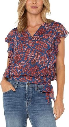 Liverpool L.A. Petite Short Sleeve Ruffle Sleeve Draped Front Woven Blouse Womens Clothing Blue/Pink Floral : PL, Polyester