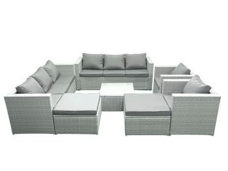 Fimous Outdoor Rattan Sofa Garden Furniture Set with 2 Armchairs Square Coffee Table 2 Big Footstools Light Grey Mixed
