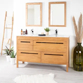 Wanda Collection Mueble Ba&ntilde;o De Teca Maciza Y Cer&aacute;mica Sira 140 Cm