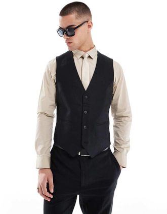 Asos Gilet da abito slim in misto lino nero